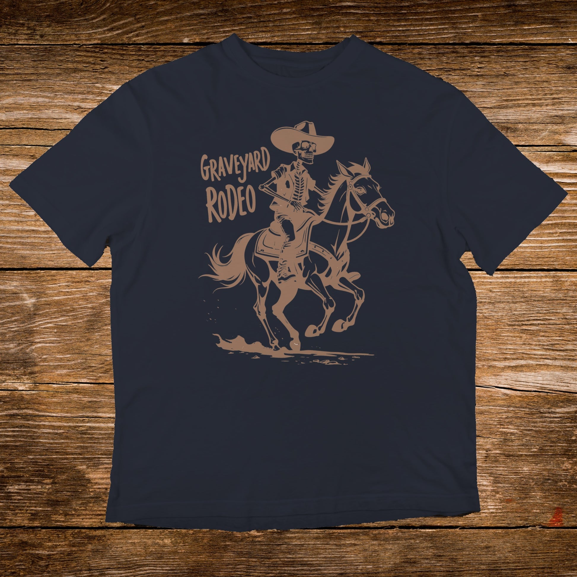 Skeleton in sombrero riding a horse, "Graveyard Rodeo" text.