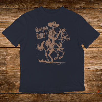 Skeleton in sombrero riding a horse, "Graveyard Rodeo" text.