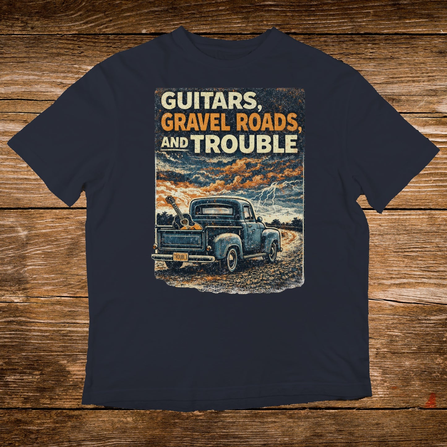 Blue pickup truck with guitars and a stormy sky, "Guitars, Gravel Roads, and Trouble" text.