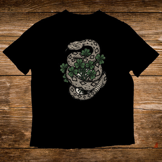 Black t-shirt with coiled rattlesnake and four-leaf clovers graphic.