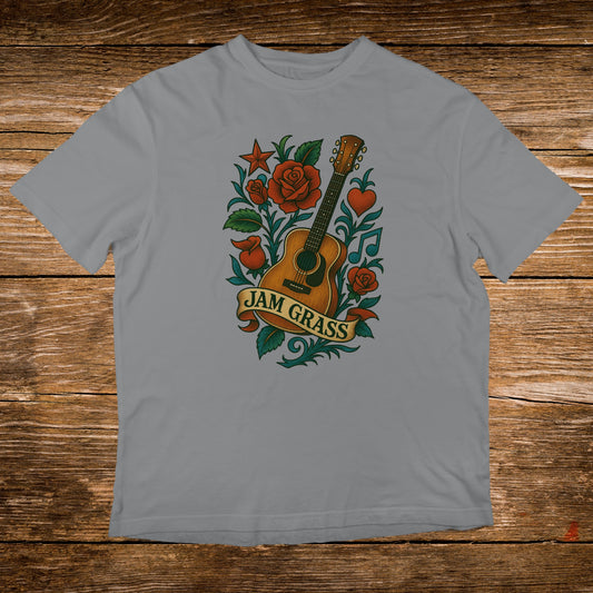 T-shirt with acoustic guitar, roses, and musical notes with "Jam Grass" banner.