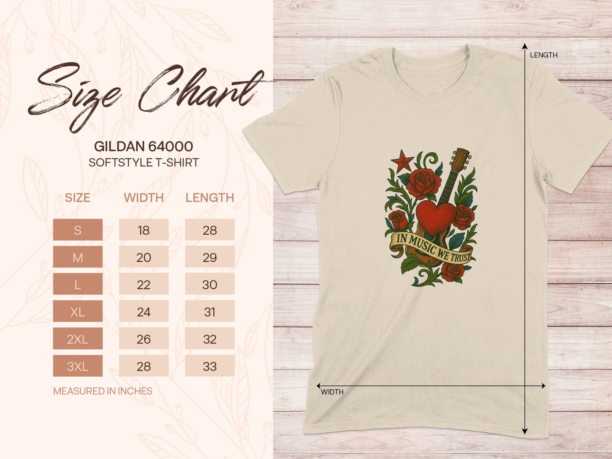 Gildan 64000 softstyle t-shirt size chart with measurements.