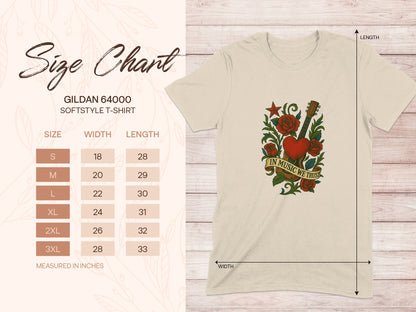 Gildan 64000 softstyle t-shirt size chart with measurements.