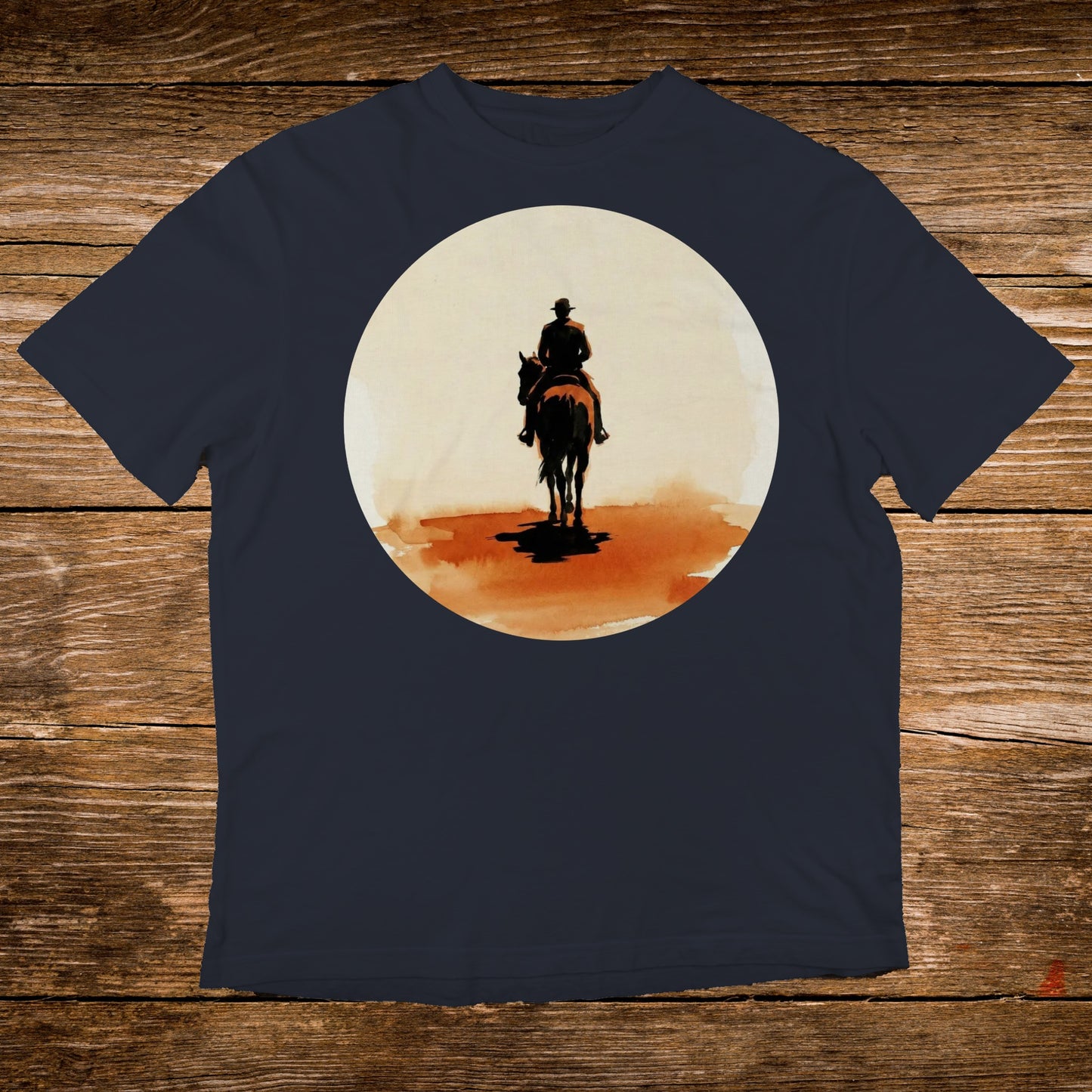 Silhouette of a cowboy on horseback against a large, pale sun.
