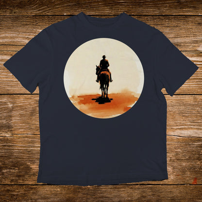 Silhouette of a cowboy on horseback against a large, pale sun.