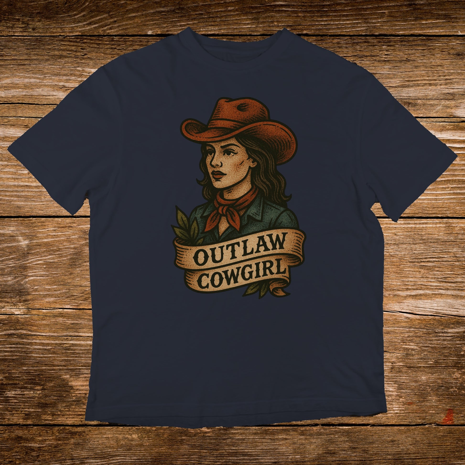 Navy t-shirt with "Outlaw Cowgirl" text and a stylized portrait of a woman.