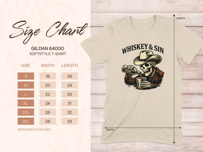 Size chart for Gildan 64000 t-shirt with skull holding whiskey.