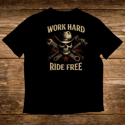 Black t-shirt with skull, cowboy hat, crossed wrenches, and hammer. "Work Hard Ride Free" text.