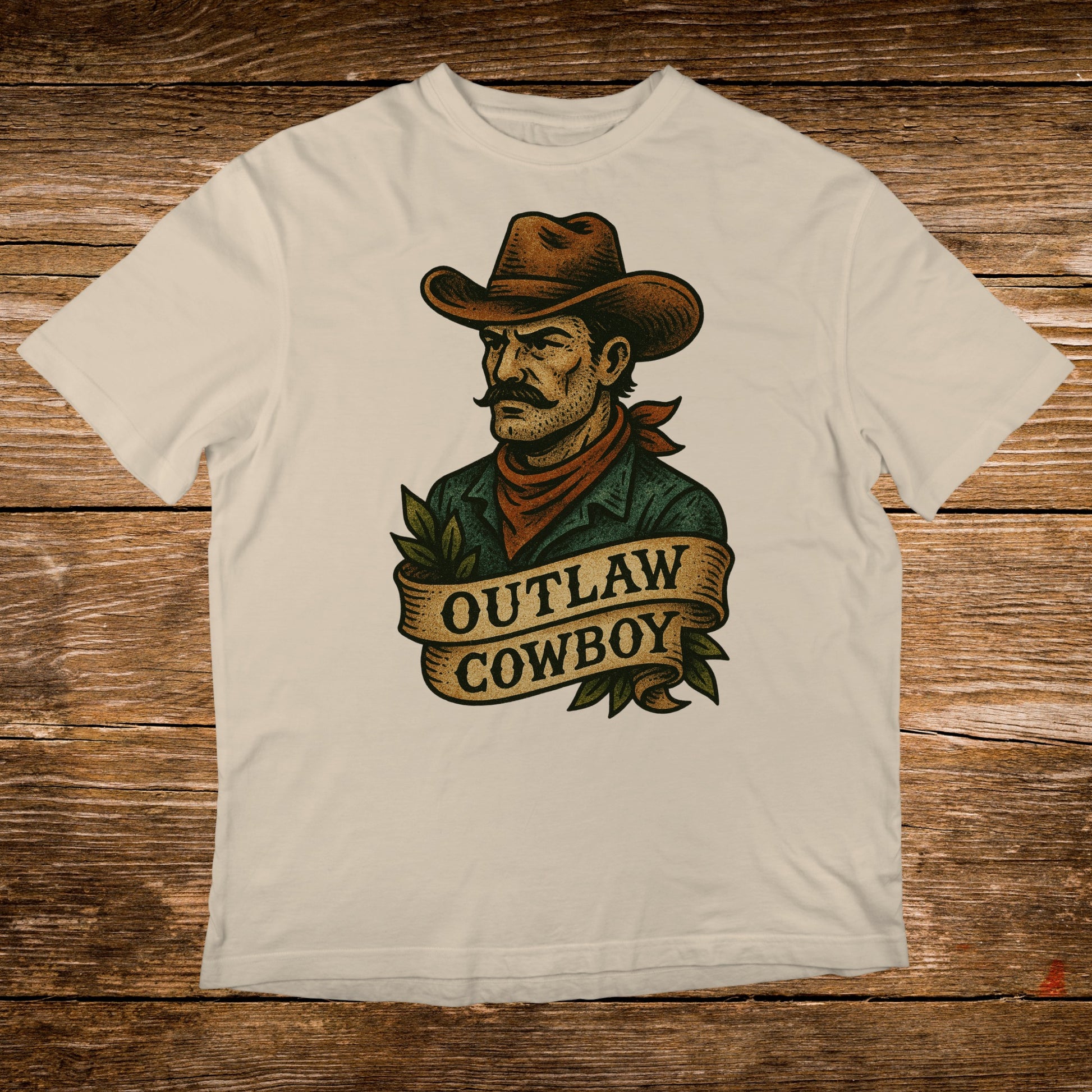 Cream t-shirt with "Outlaw Cowboy" text and a vintage cowboy illustration.