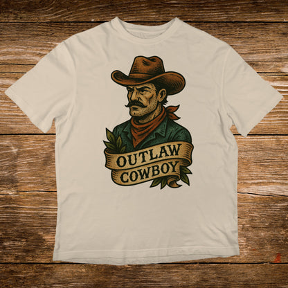 Cream t-shirt with "Outlaw Cowboy" text and a vintage cowboy illustration.