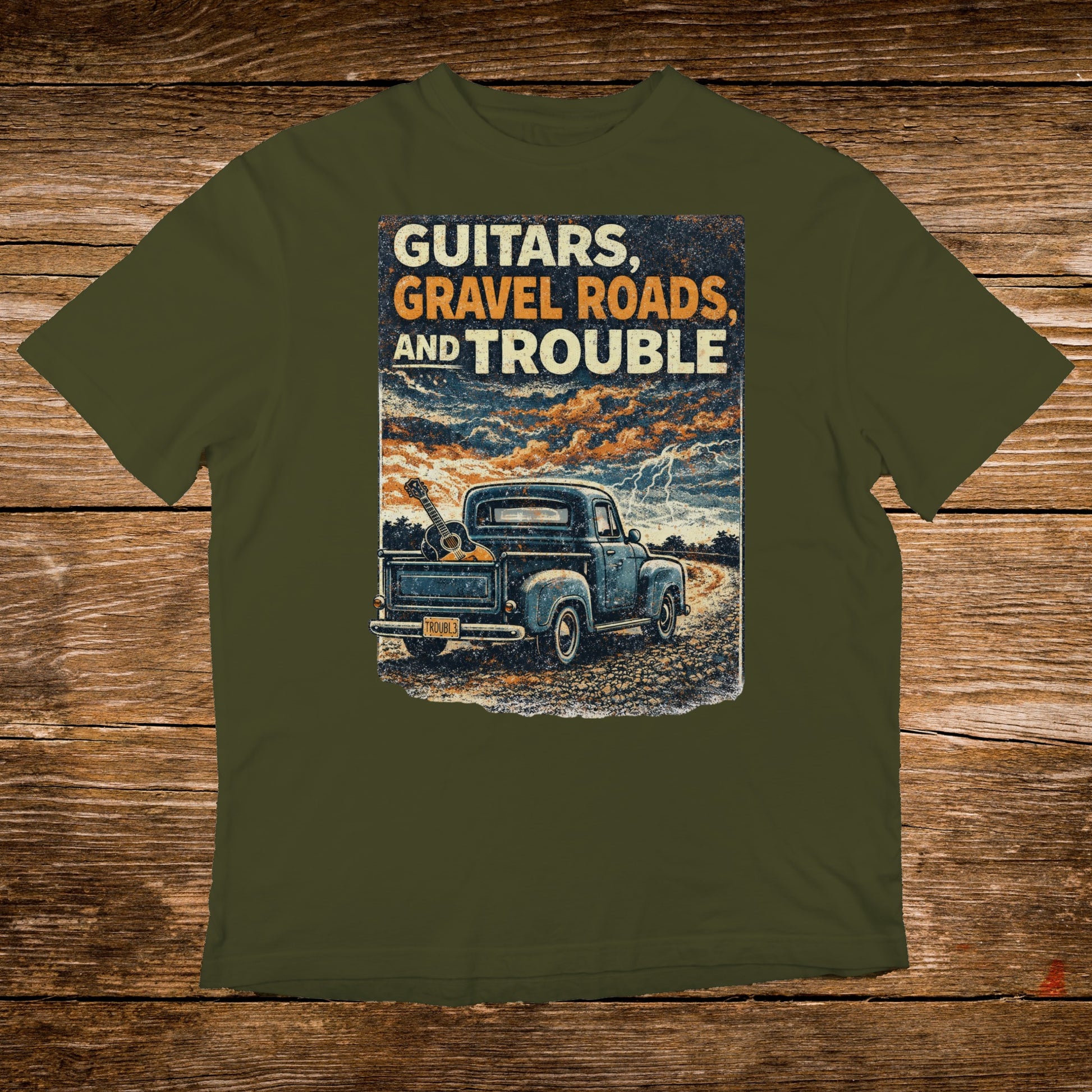 Blue pickup truck with guitars in bed, storm sky, "Guitars, Gravel Roads, and Trouble" text.