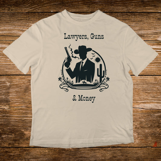 T-shirt with silhouette of cowboy, gun, cactus, and text: Lawyers, Guns & Money.