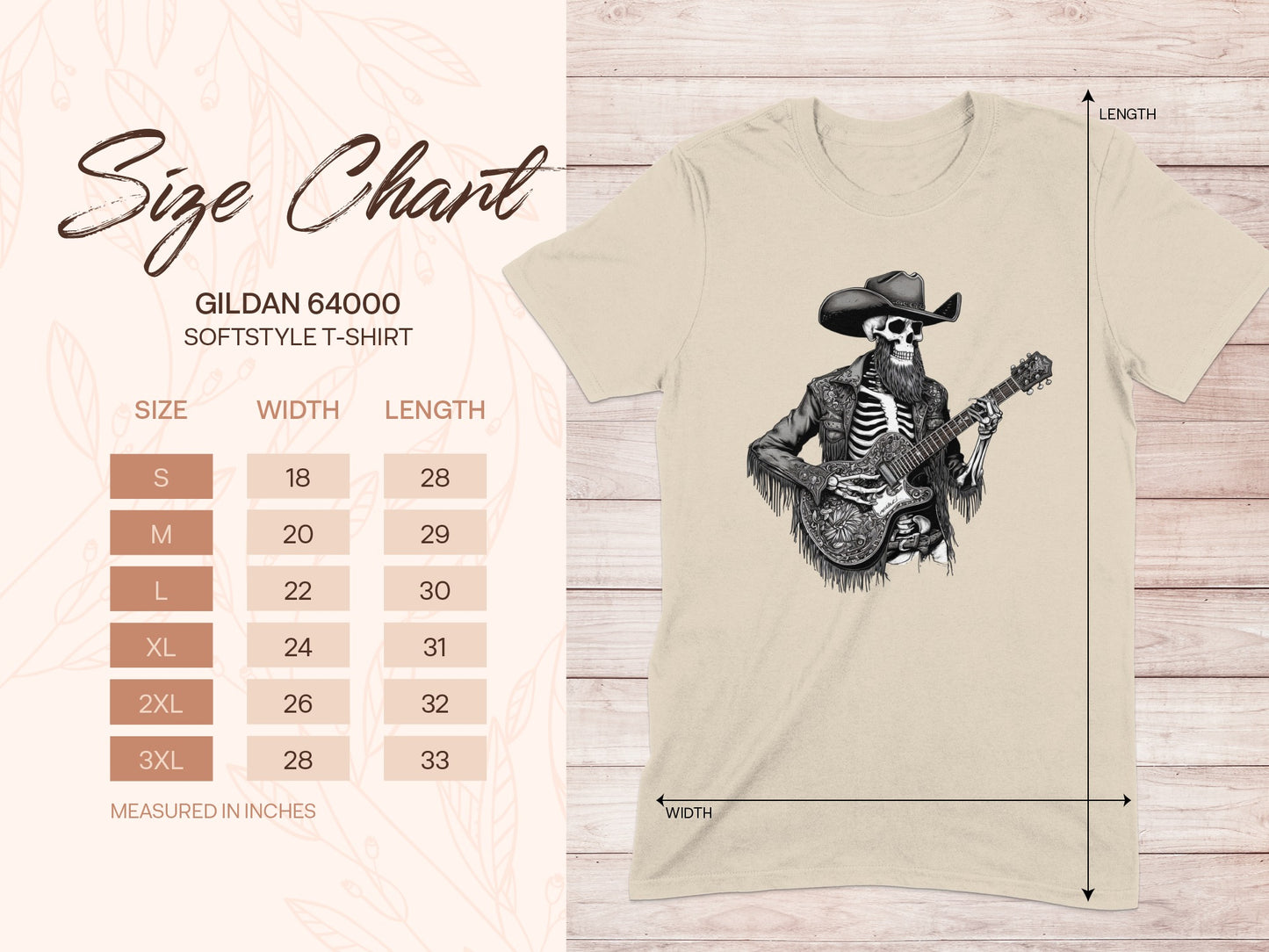Gildan 64000 softstyle t-shirt size chart with measurements and skeletal cowboy graphic.