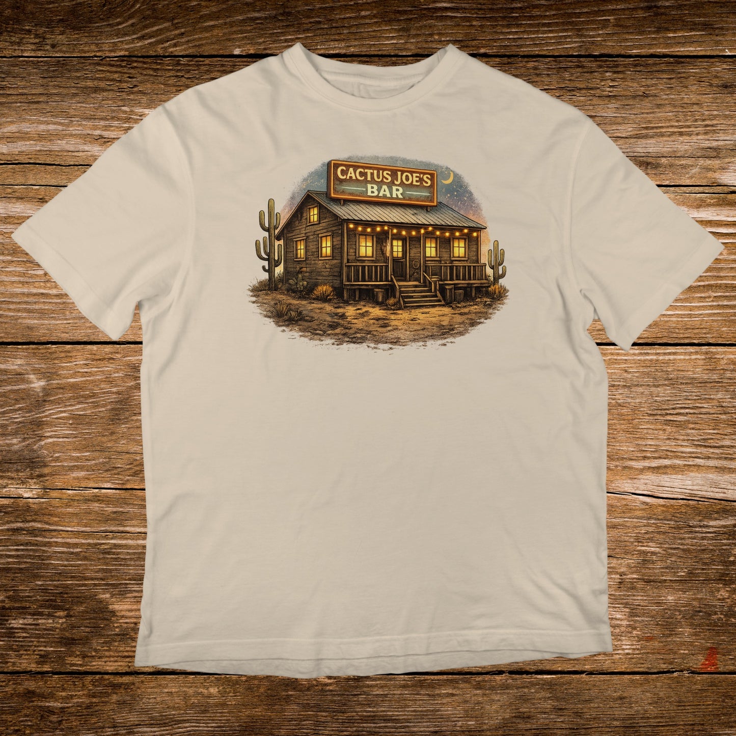 Cactus Joe's Bar illustration with cacti and a western building.