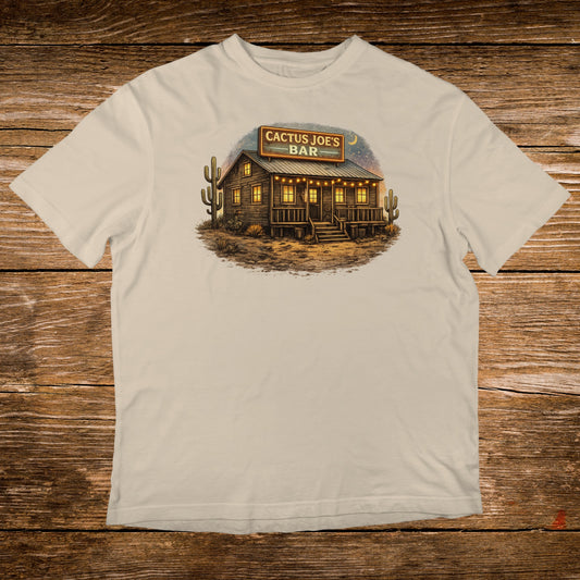 Cactus Joe's Bar illustration with cacti and a western building.