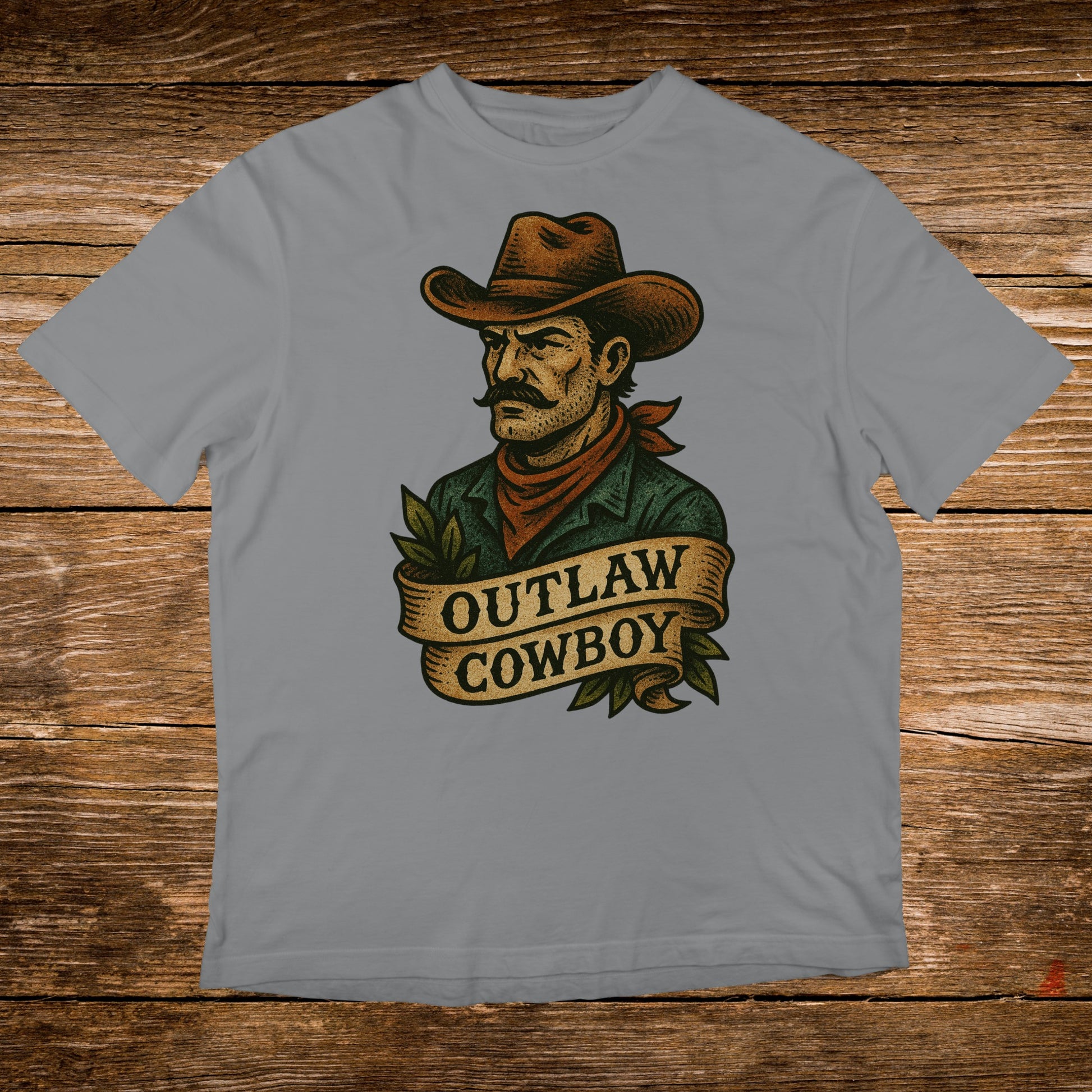 Outlaw Cowboy graphic on grey t-shirt.