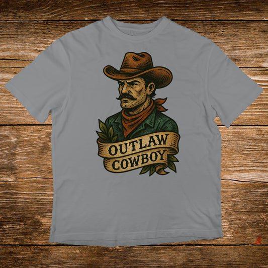 Outlaw Cowboy graphic on grey t-shirt.