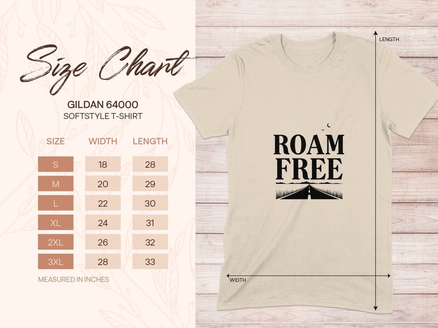 Gildan 64000 softstyle t-shirt size chart with measurements for width and length.