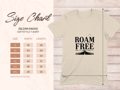 Gildan 64000 softstyle t-shirt size chart with measurements for width and length.