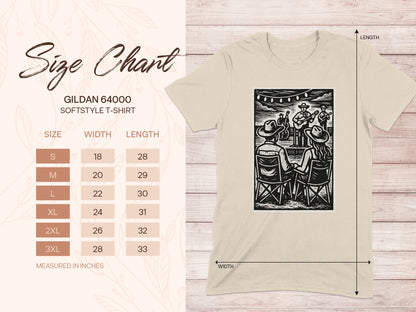 Gildan 64000 Softstyle T-Shirt size chart with measurements.