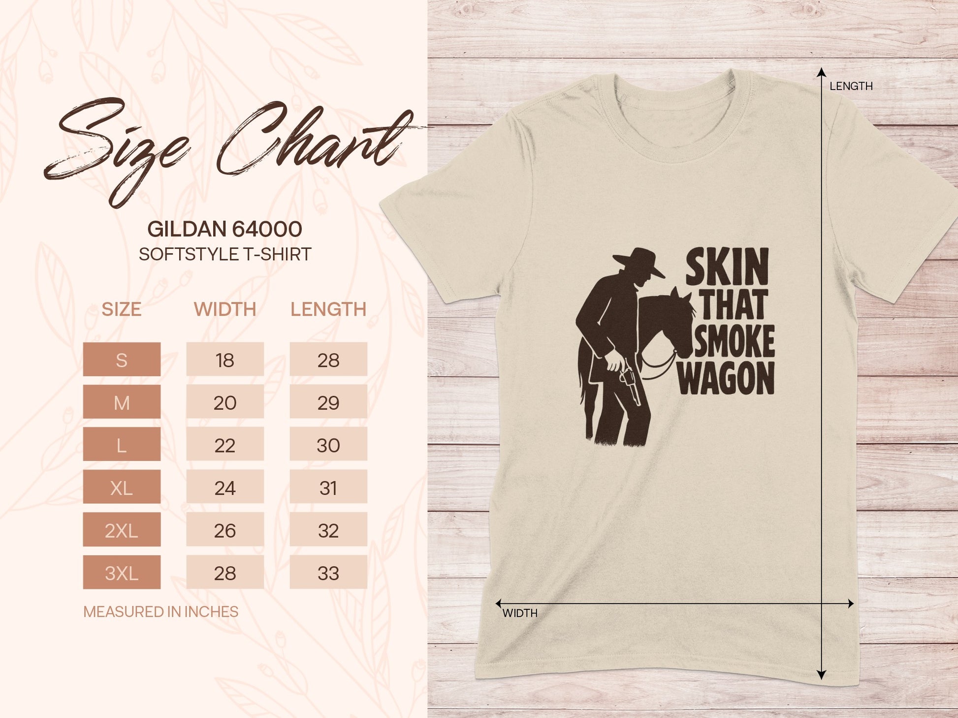 Gildan 64000 Softstyle T-shirt size chart with graphic of cowboy and wagon.