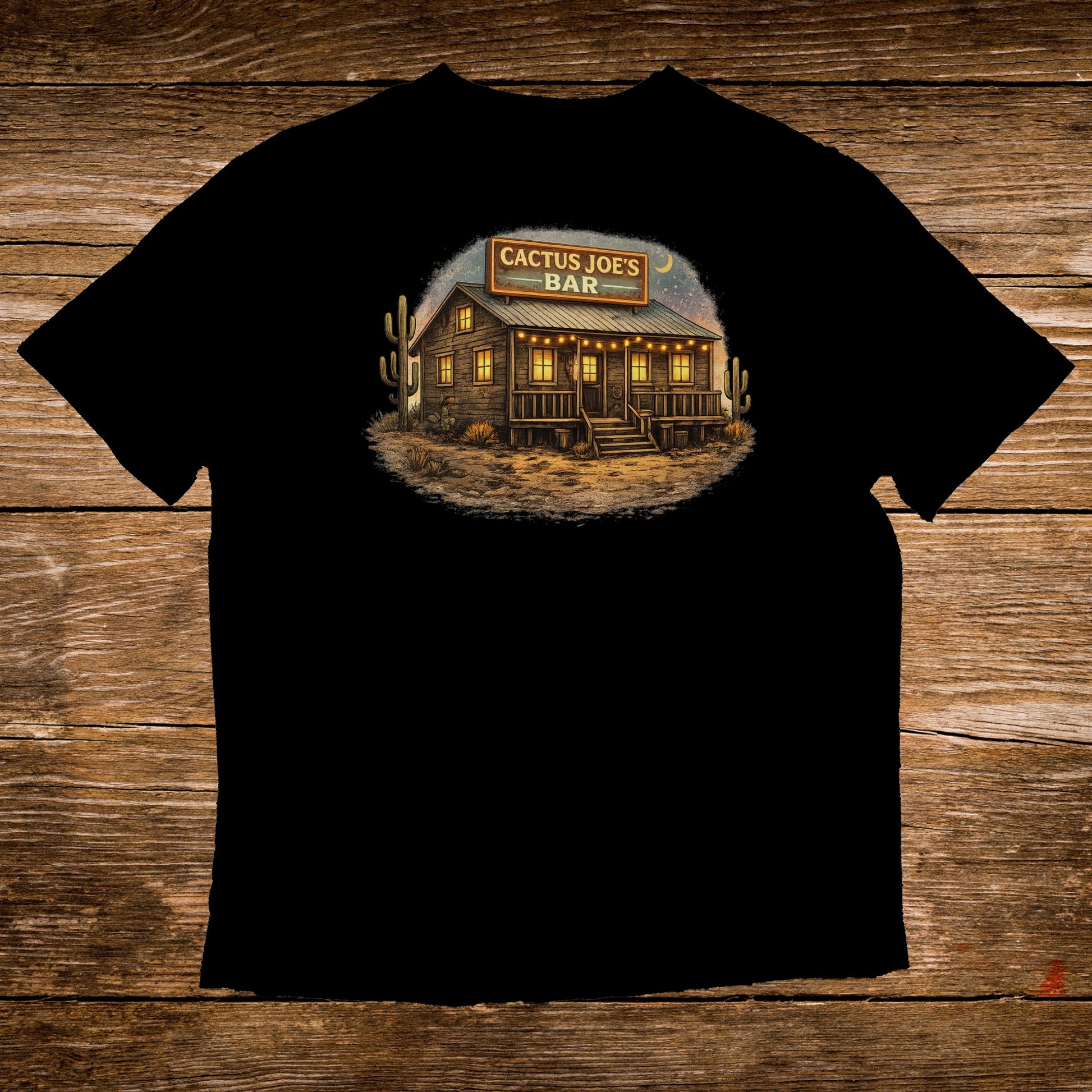 Black t-shirt with Cactus Joe's Bar illustration, desert scene with lights.