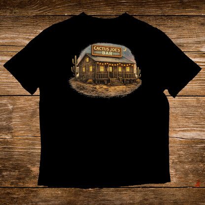 Black t-shirt with Cactus Joe's Bar illustration, desert scene with lights.