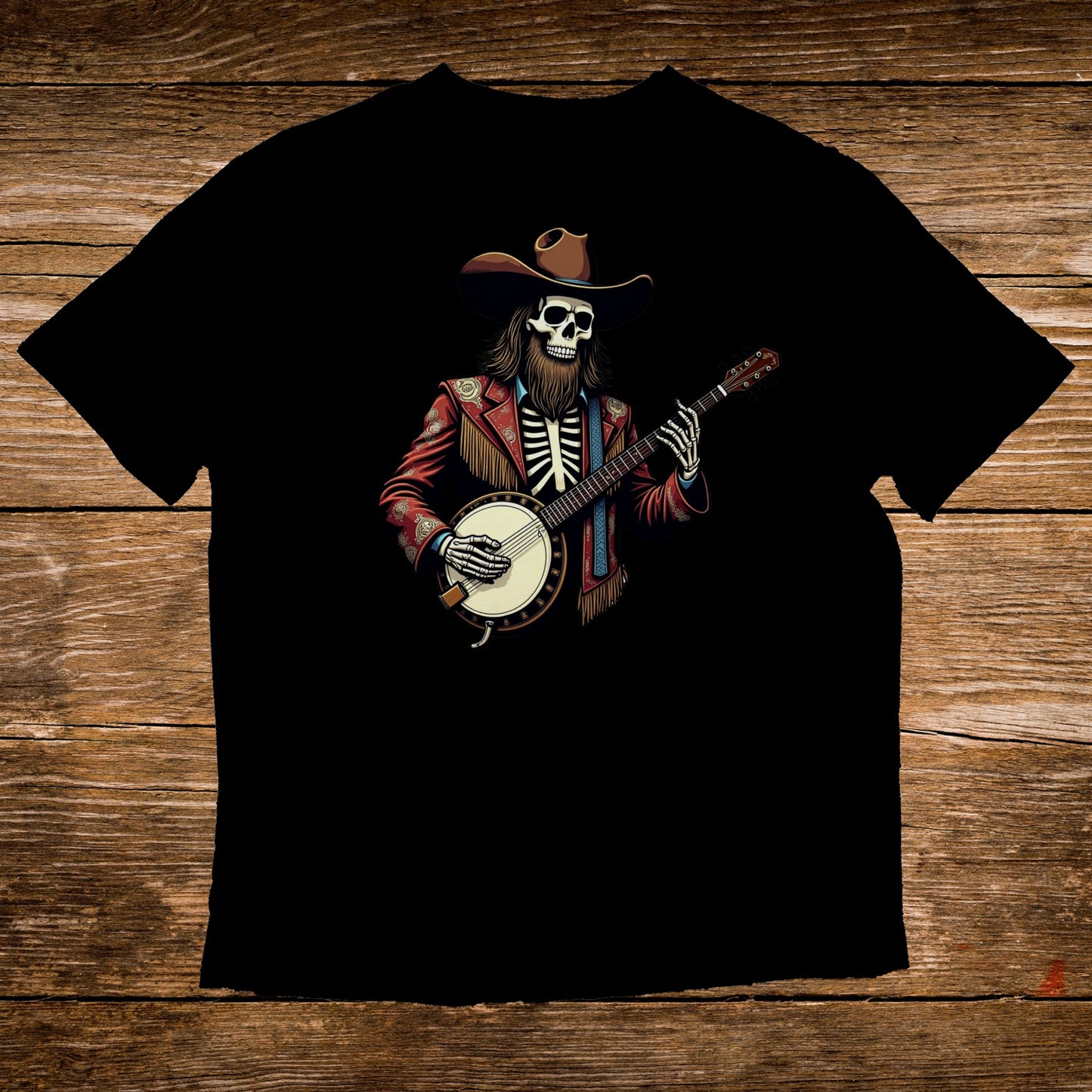 Skeleton cowboy with banjo on black t-shirt.