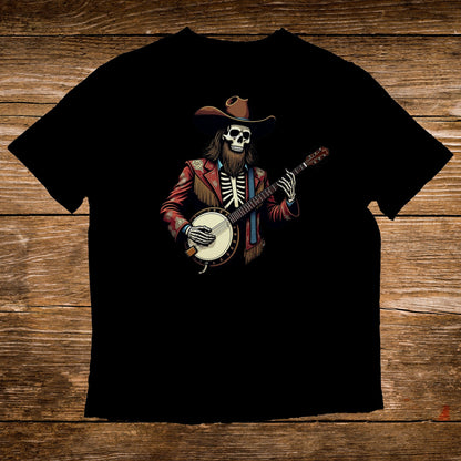 Skeleton cowboy with banjo on black t-shirt.