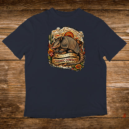 Armadillo and desert scene graphic with "Cosmic Cowboy" text on a dark t-shirt.