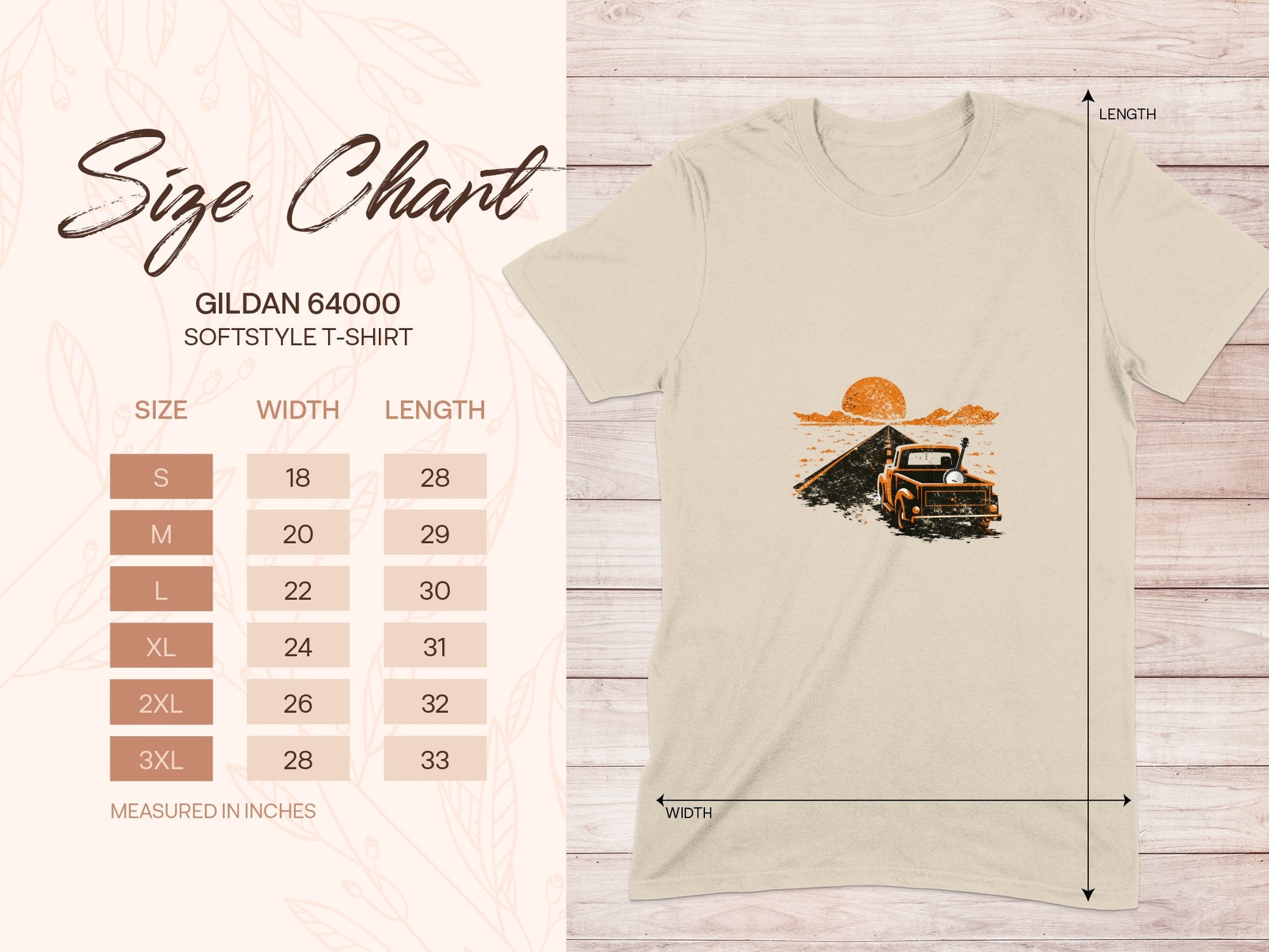 Gildan 64000 t-shirt size chart with measurements.