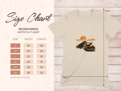 Gildan 64000 t-shirt size chart with measurements.