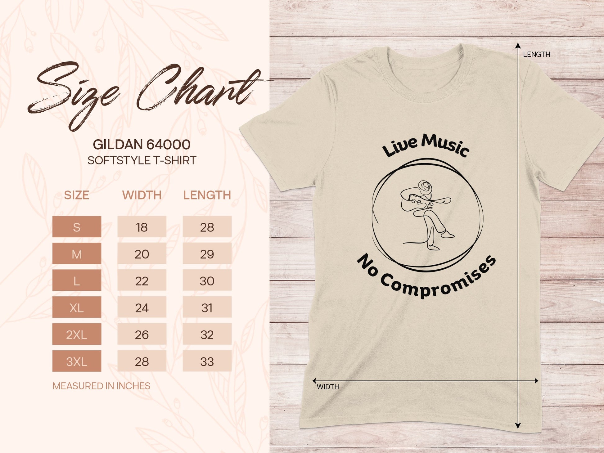 Gildan 64000 size chart with live music graphic and text "No Compromises".