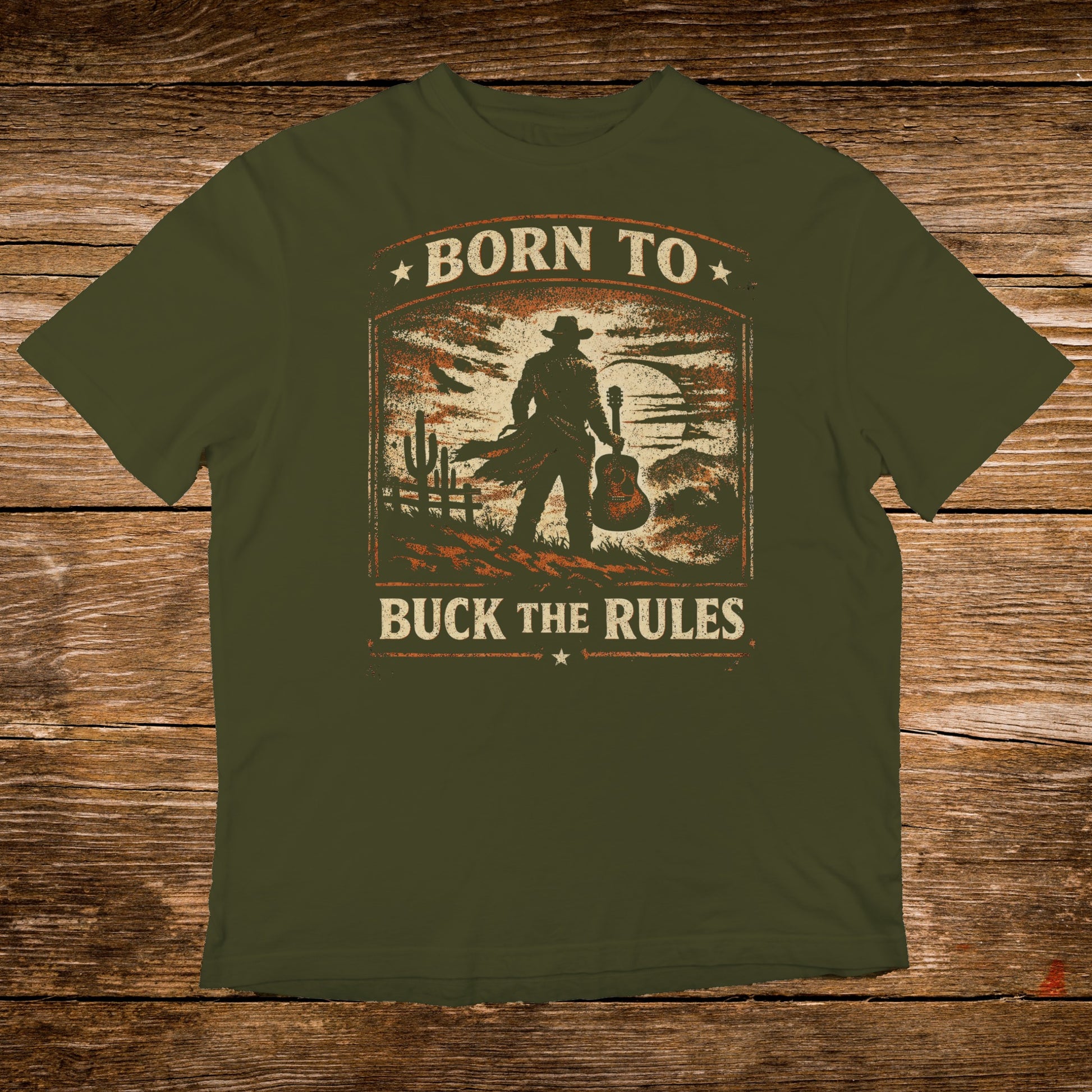 Green t-shirt with "Born to Buck the Rules" text and cowboy silhouette.