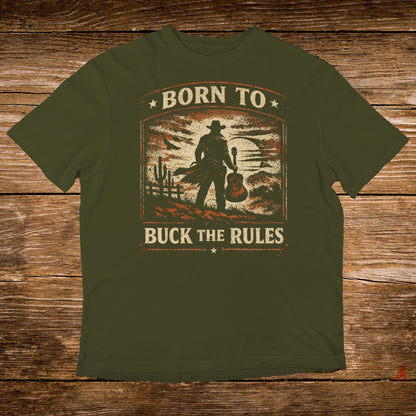 Green t-shirt with "Born to Buck the Rules" text and cowboy silhouette.