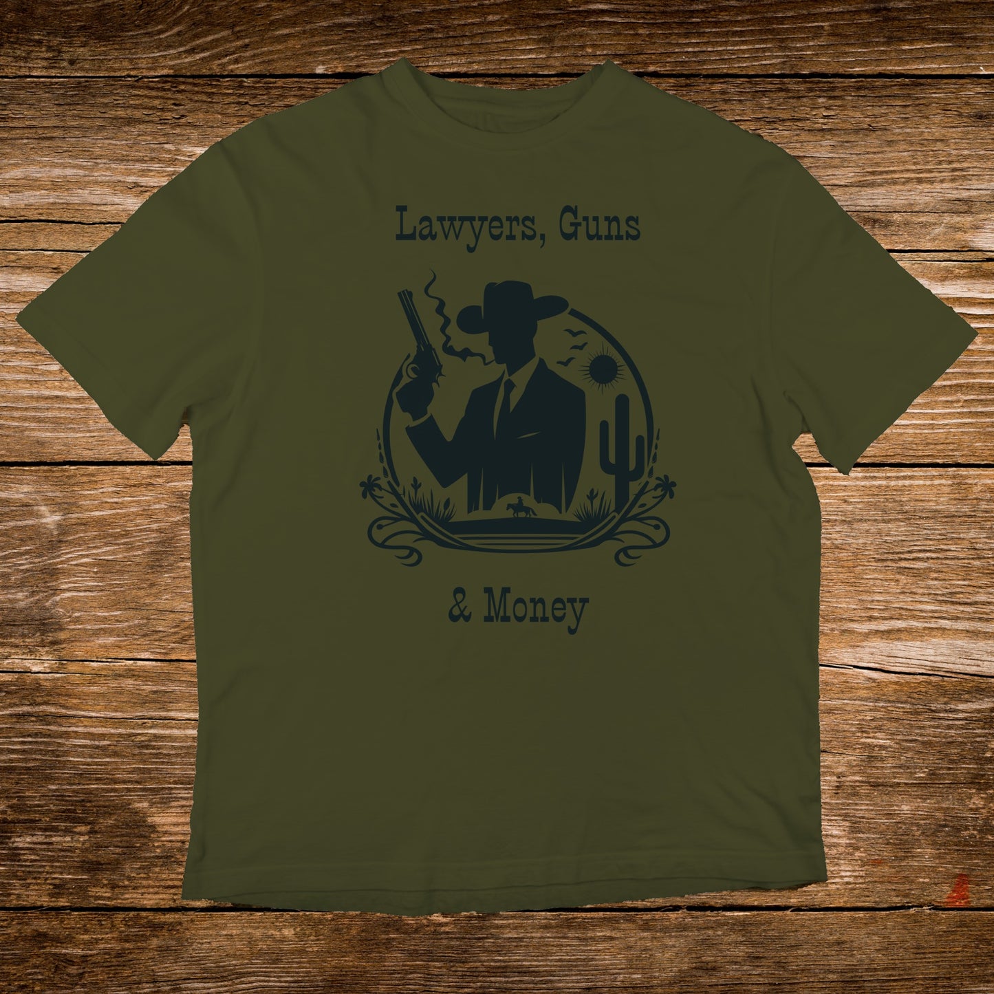 Olive t-shirt with "Lawyers, Guns & Money" text and cowboy silhouette.