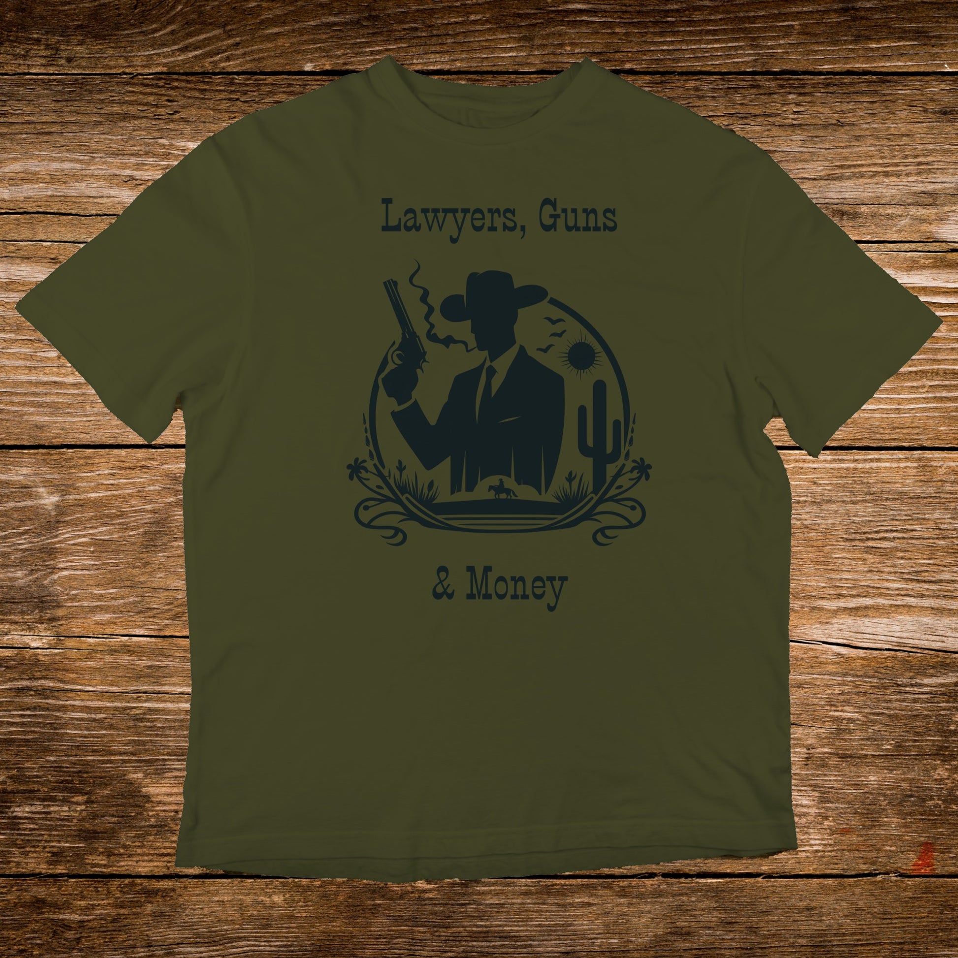 Olive t-shirt with "Lawyers, Guns & Money" text and cowboy silhouette.