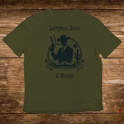 Olive t-shirt with "Lawyers, Guns & Money" text and cowboy silhouette.