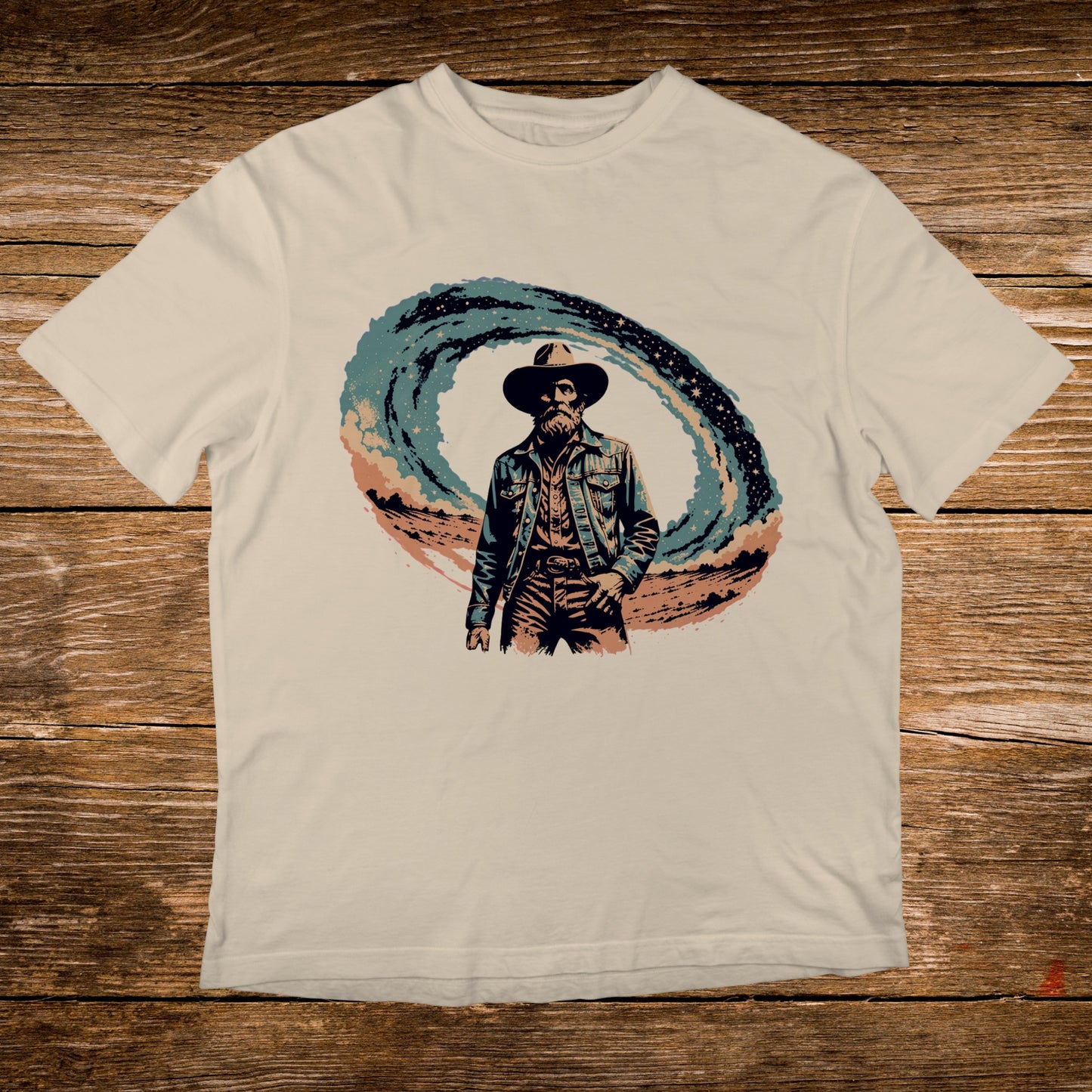 Cowboy in denim jacket and hat in front of swirling starry sky.