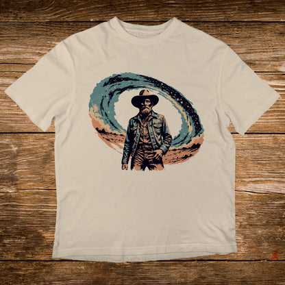 Cowboy in denim jacket and hat in front of swirling starry sky.