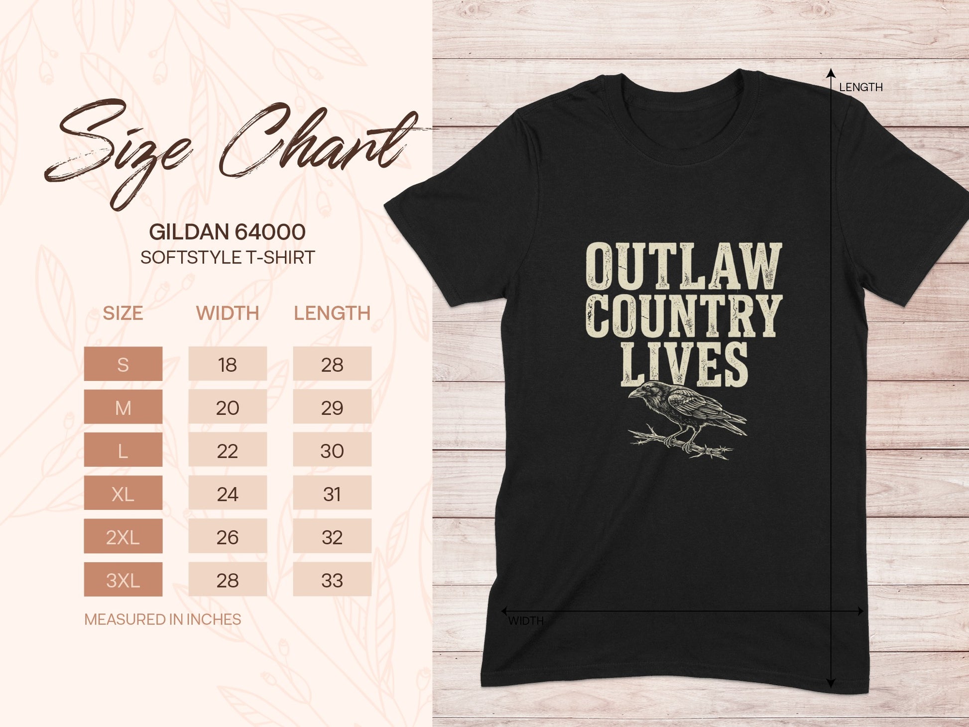 Gildan 64000 t-shirt size chart with "Outlaw Country Lives" graphic.