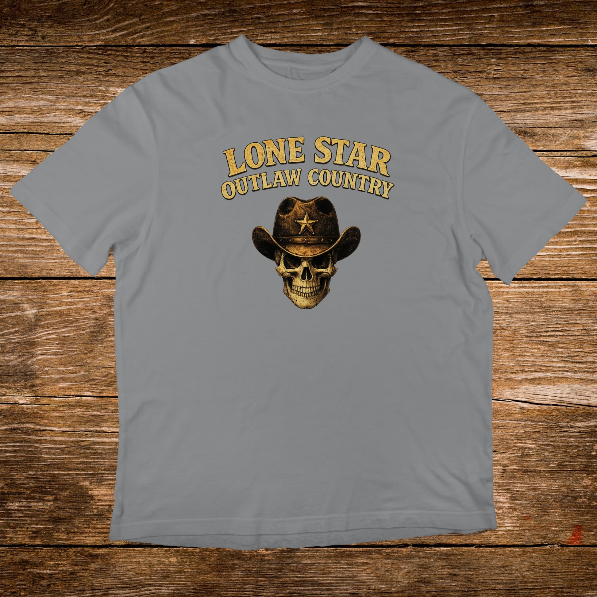 Grey t-shirt with a skull wearing a cowboy hat and "Lone Star Outlaw Country" text.