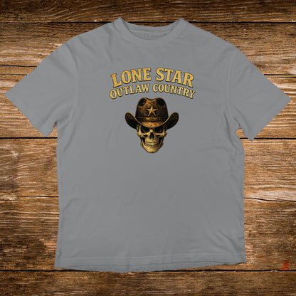 Grey t-shirt with a skull wearing a cowboy hat and "Lone Star Outlaw Country" text.