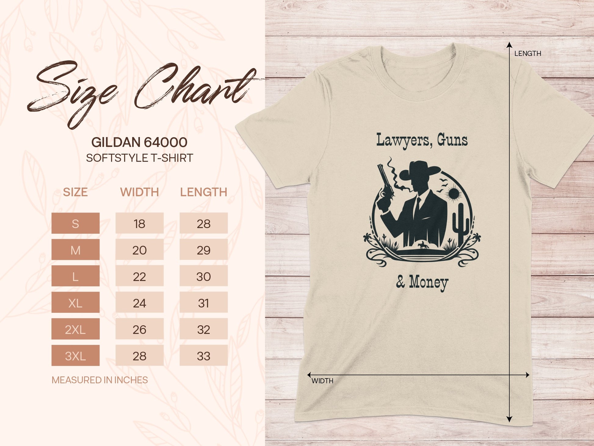 Gildan 64000 softstyle t-shirt size chart with "Lawyers, Guns & Money" graphic.