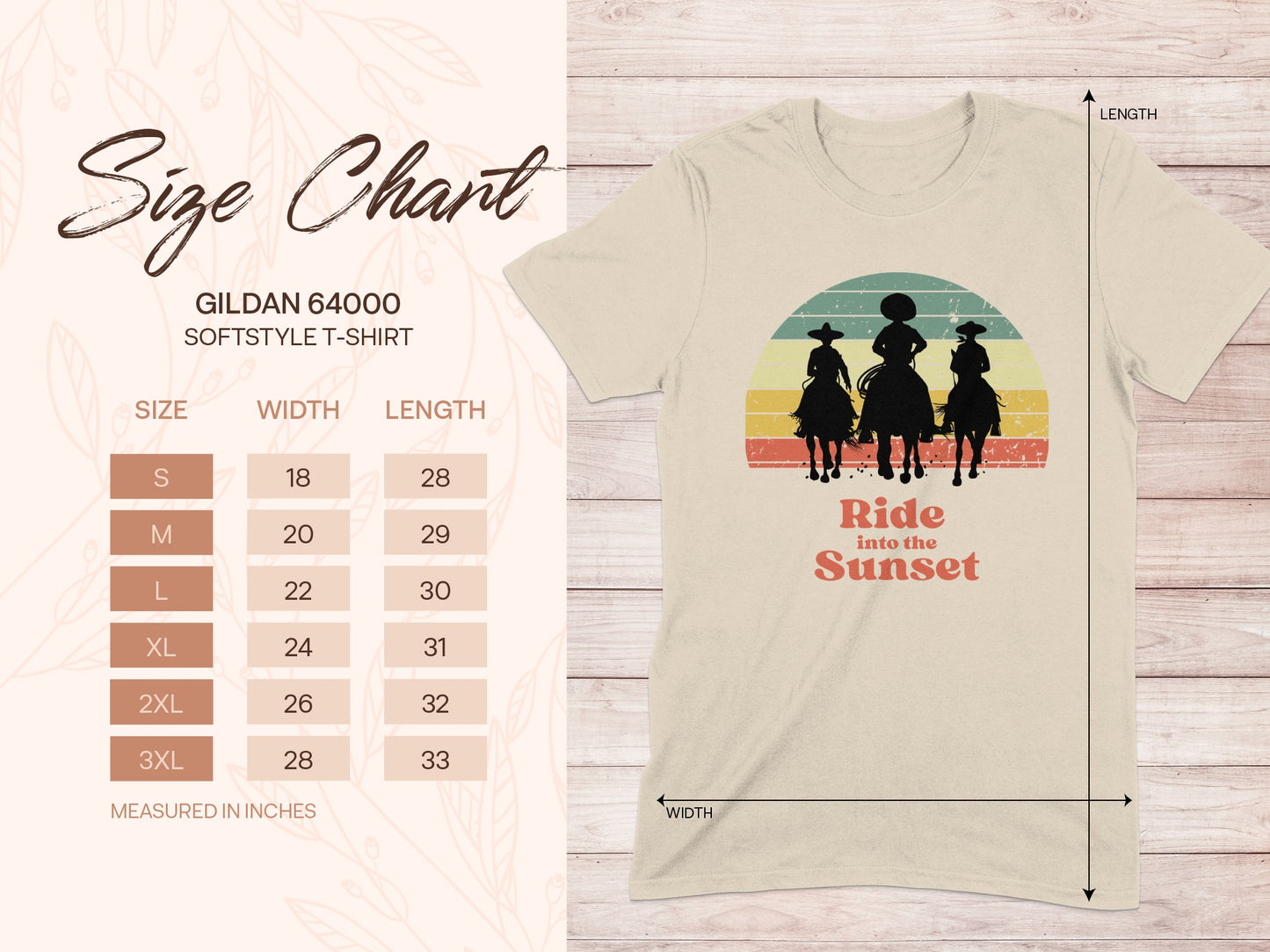 Gildan 64000 softstyle t-shirt size chart with sunset graphic.