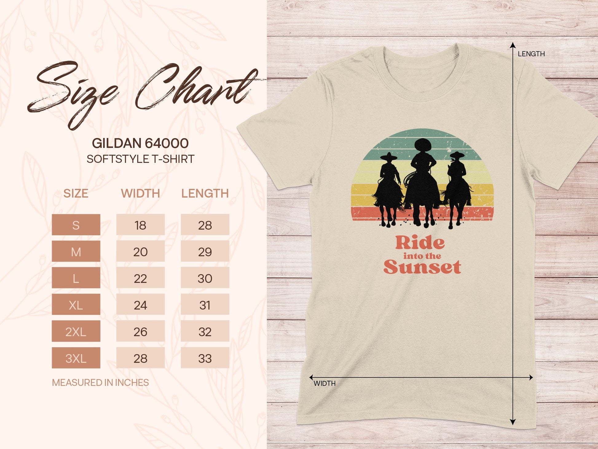 Gildan 64000 softstyle t-shirt size chart with sunset graphic.