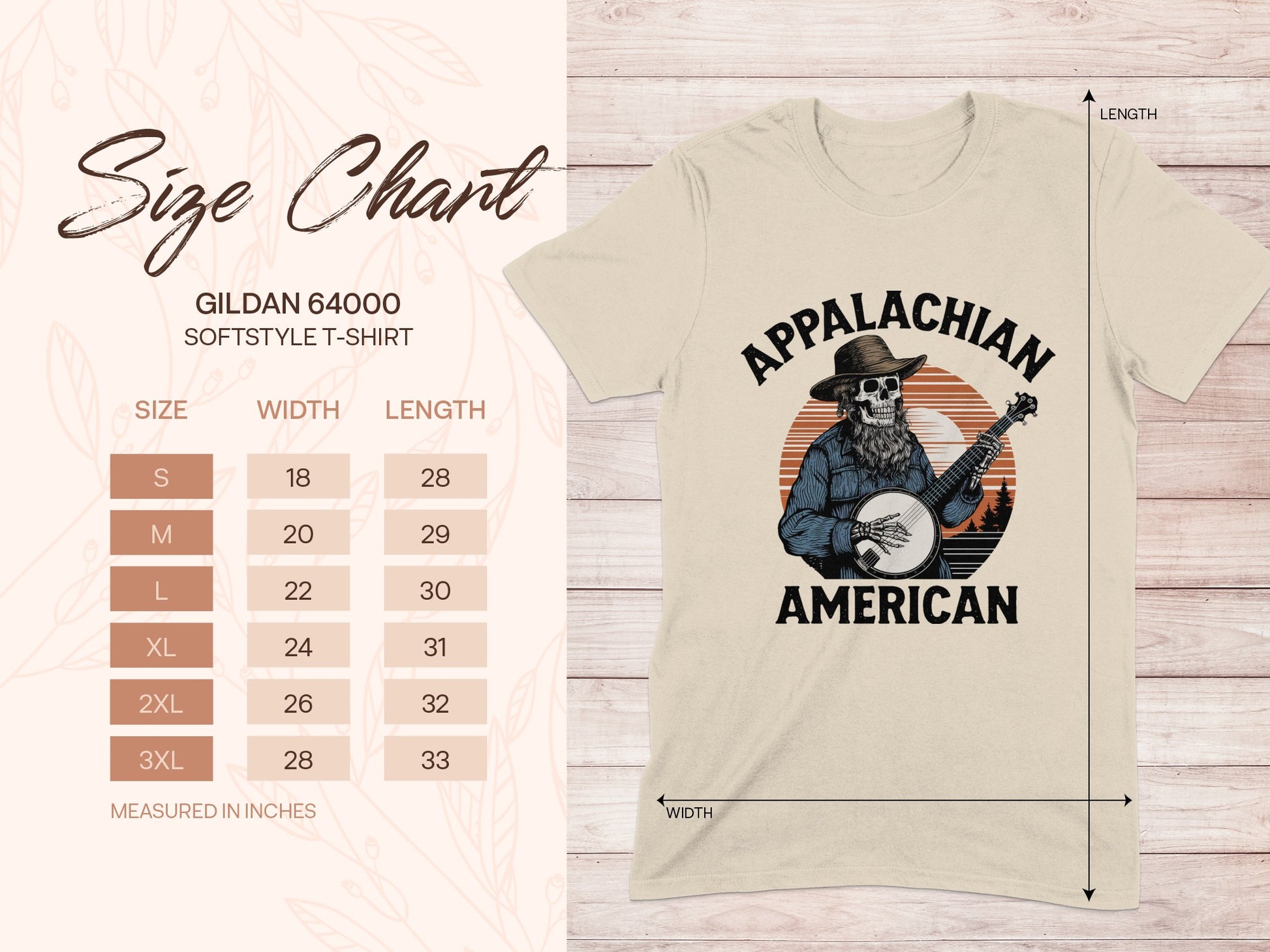 Gildan 64000 size chart and Appalachian American graphic tee.