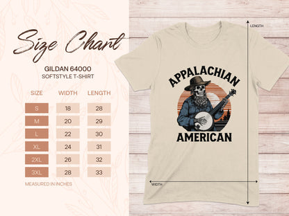 Gildan 64000 size chart and Appalachian American graphic tee.