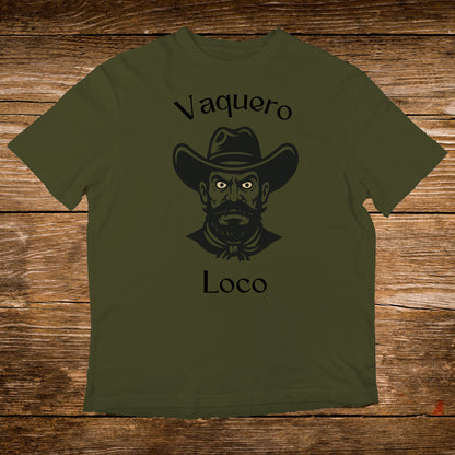 Olive green t-shirt with black Vaquero Loco cowboy head graphic.