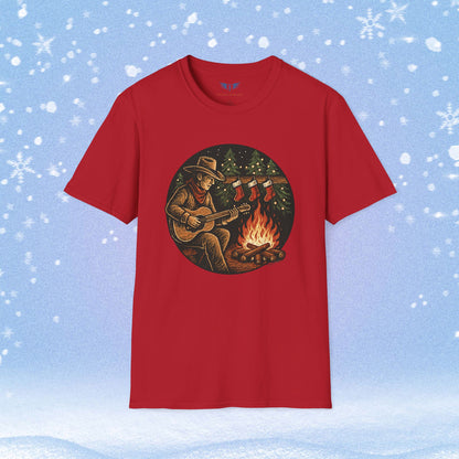 Cowboy Playing Guitar by Fire with Christmas Stockings Tshirt